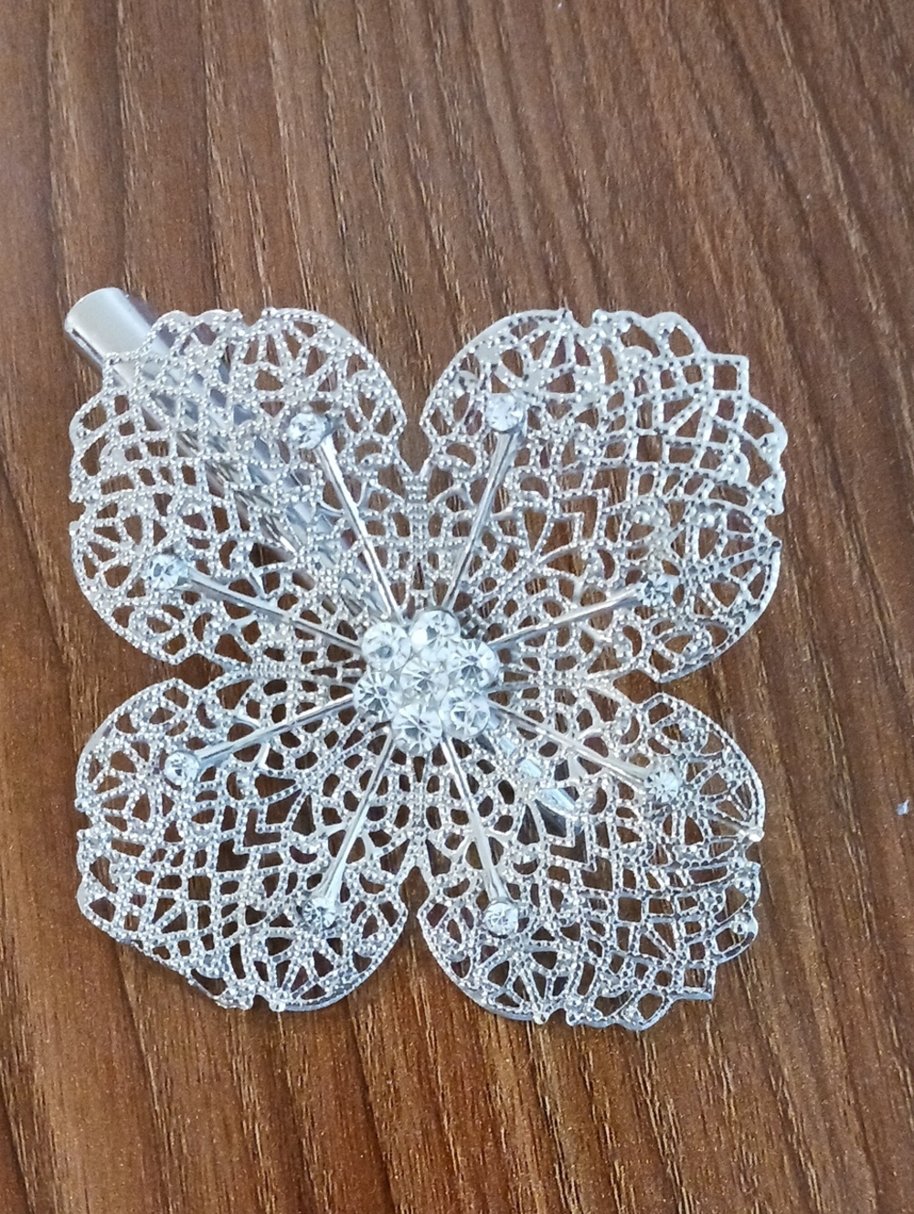Floral Filigree Silver Tone Hair Clip Barrette With Rhinestones